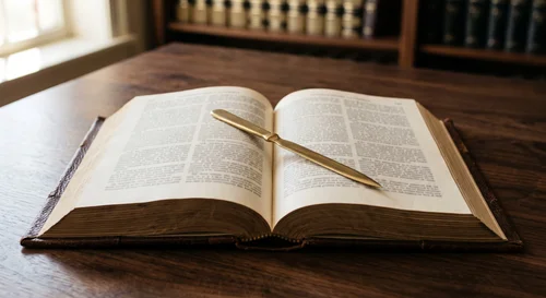 Open leather-bound law book on a library shelf